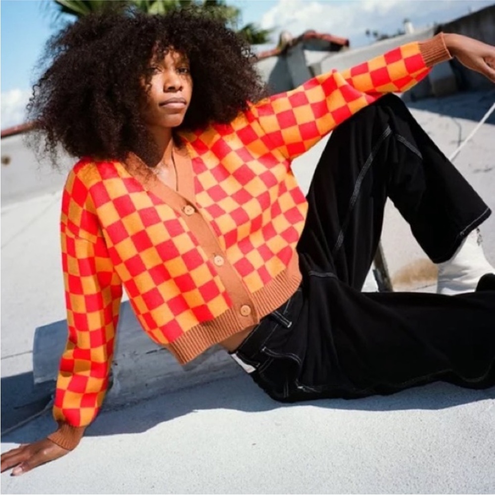 Lisa Says Gah Checker Andretti Cardigan Size M/L
